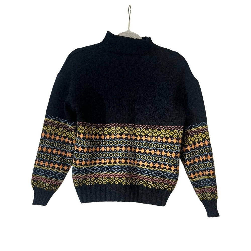 Women's Handmade Turtleneck Sweater with Multicolor Fair Isle Bands FITS LIKE XS